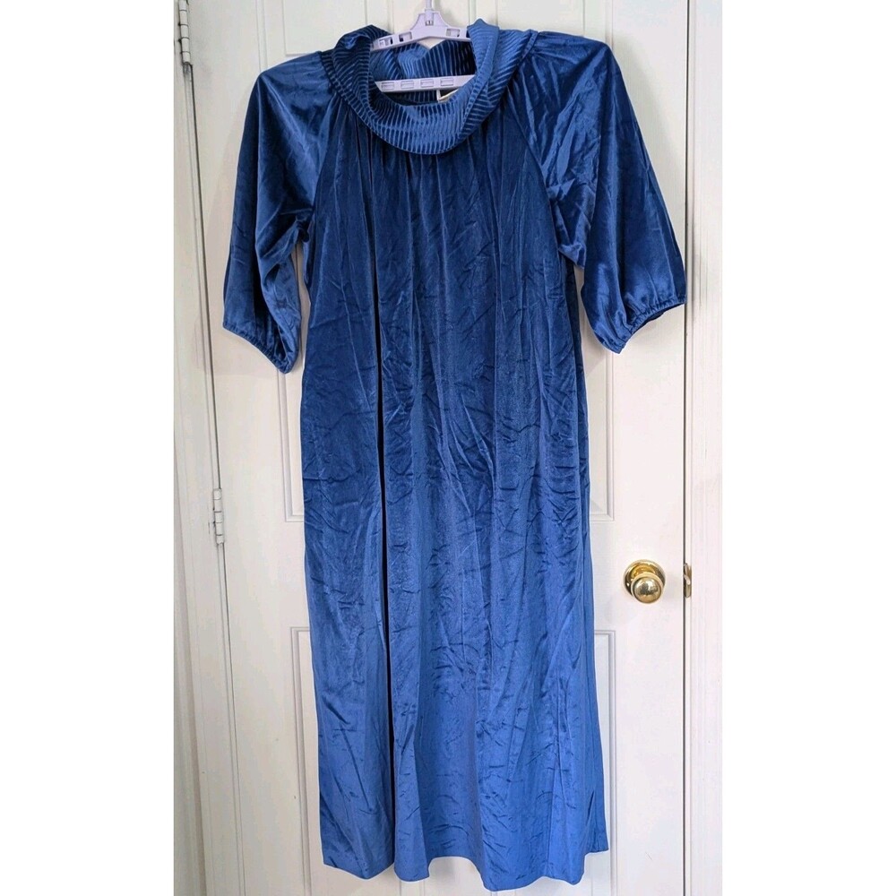 VTG 70-80s Long Velvet Nightgown 2X Blue 3/4 Sleeve Ribbed Cowl Neck Kaftan Soft